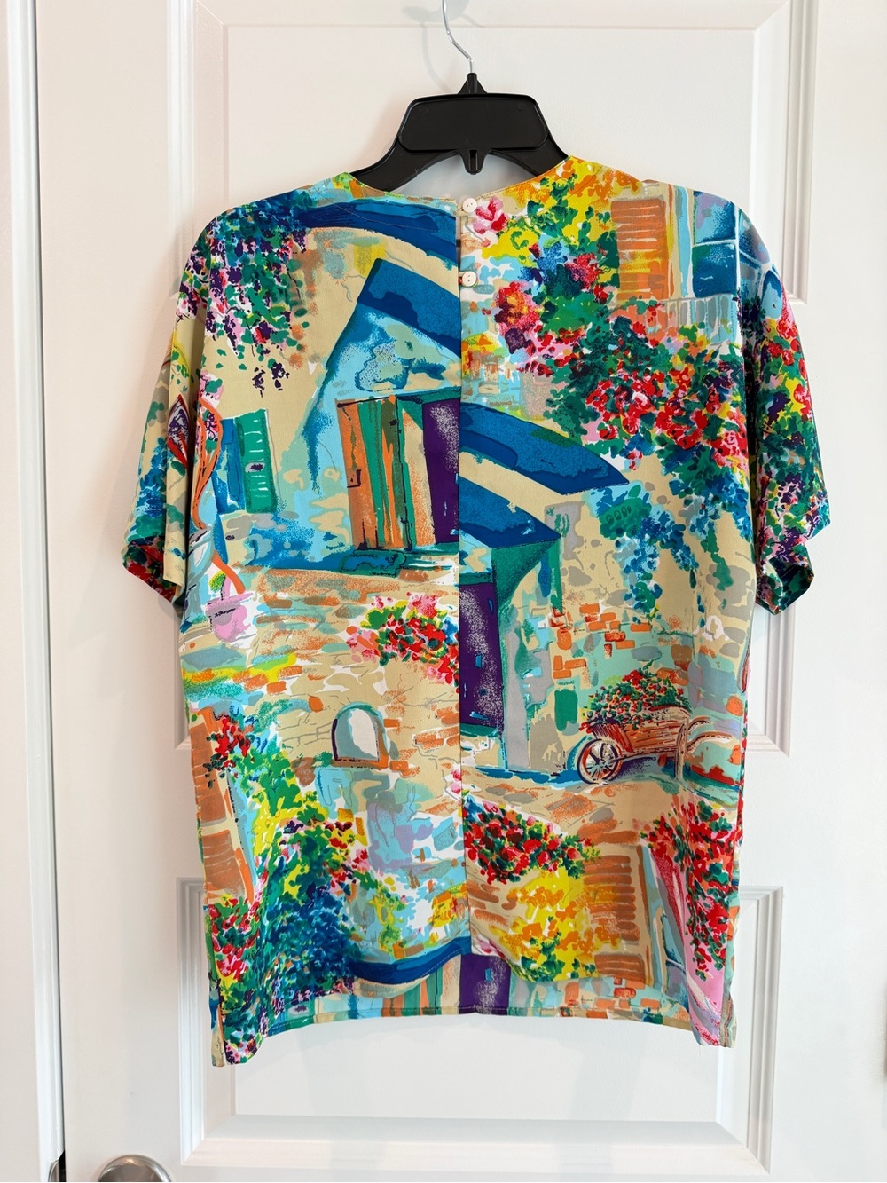 Vintage Caviar Women’s Colorful Blouse in Artsy European Street Scene Print Sz S - Picture 10 of 10
